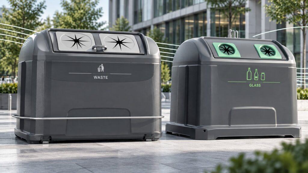 Contenur waste and glass containers in an urban setting
